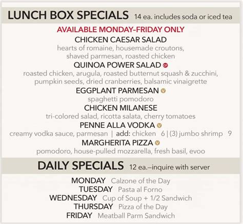 prezzo lunch menu.